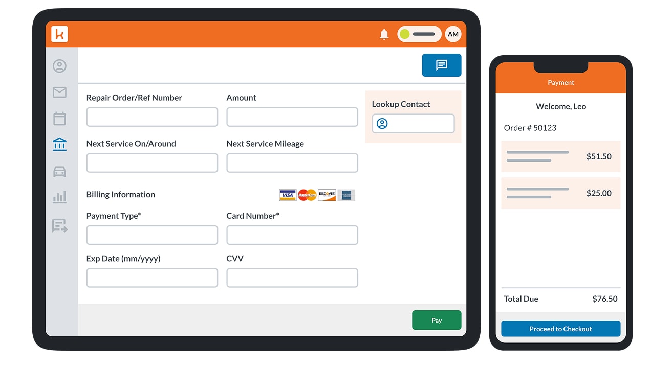 Diagram of a computer screen and a mobile phone with examples of the user interface for payments features