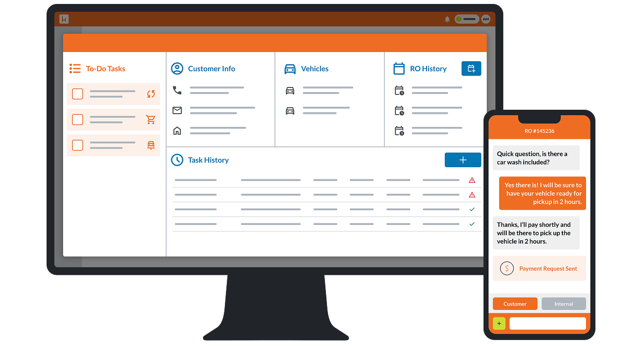 Diagram of a computer screen and a mobile phone with examples of the user interface and a chat