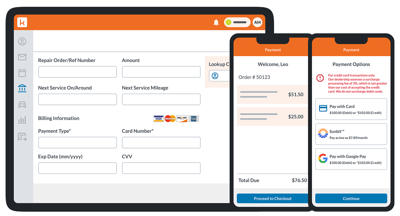 Diagram of a computer screen and a mobile phone with examples of the user interface for payments features