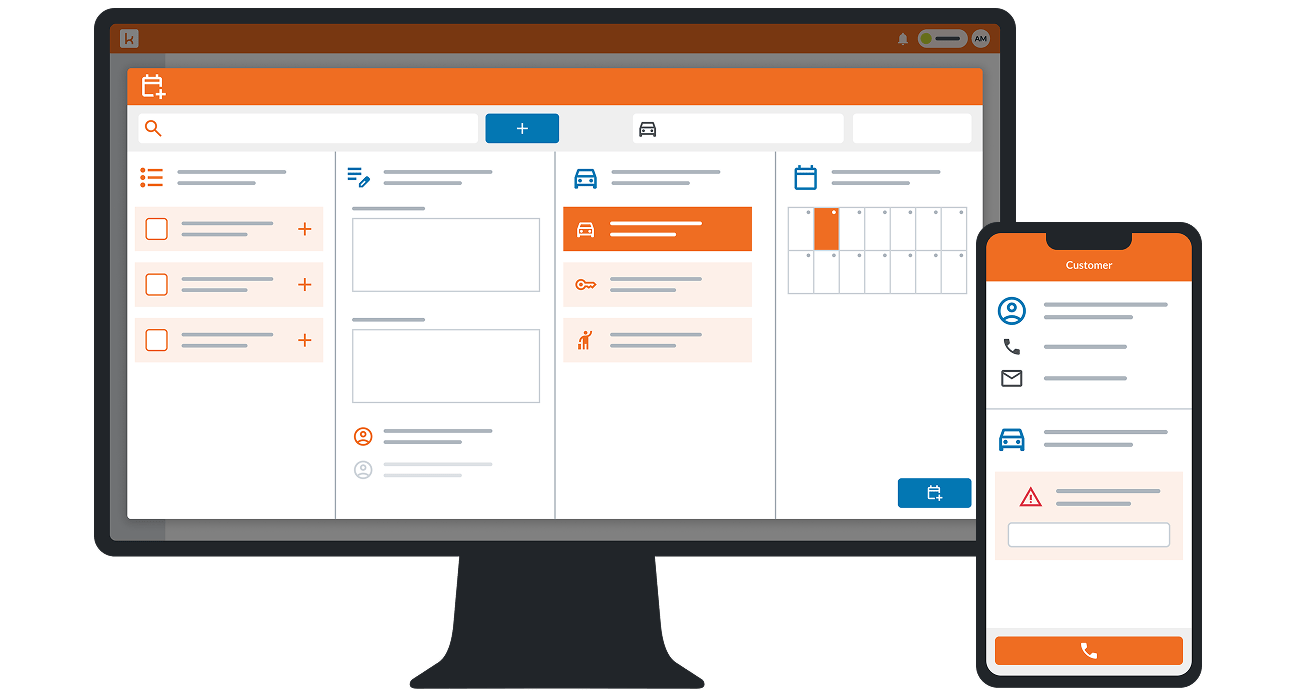 Diagram of a computer screen and a mobile phone with examples of the user interface with customer information details