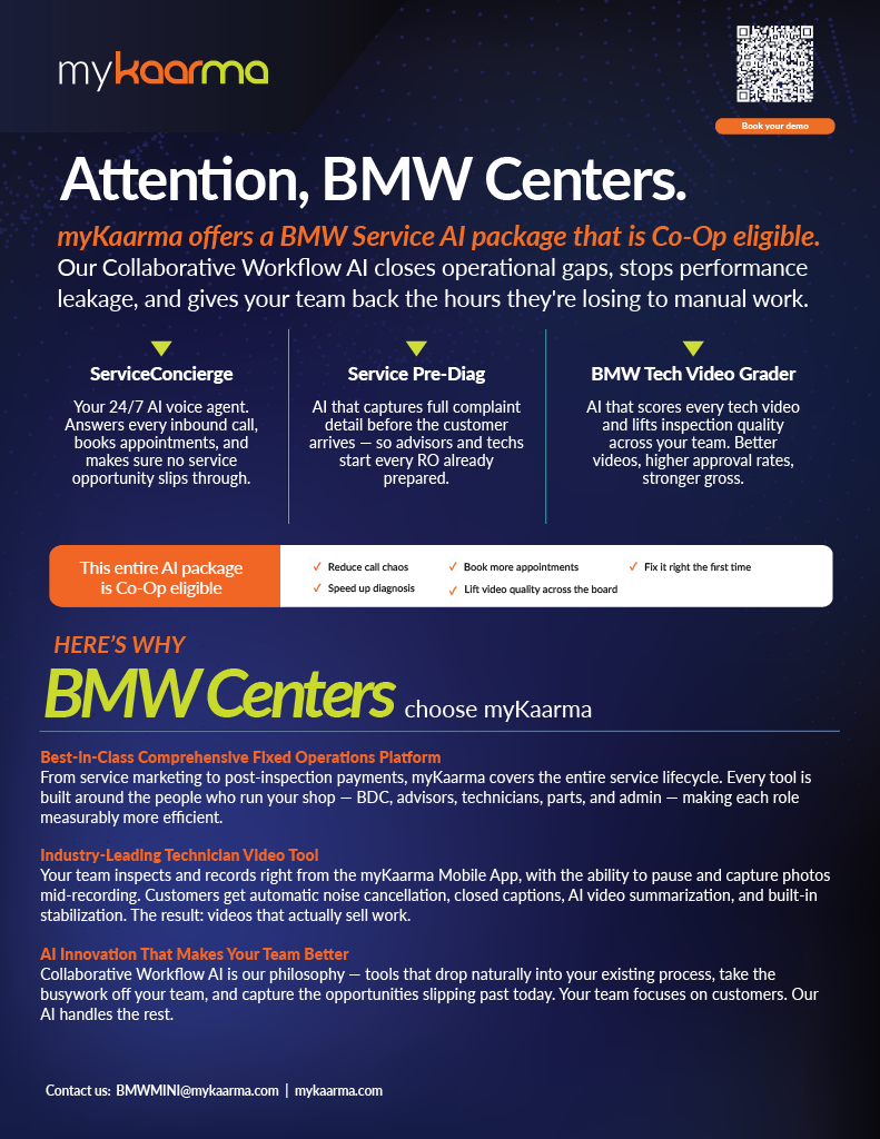 Flyer for BMW Centers detailing the myKaarma BMW Service AI package that is Co-Op eligible.